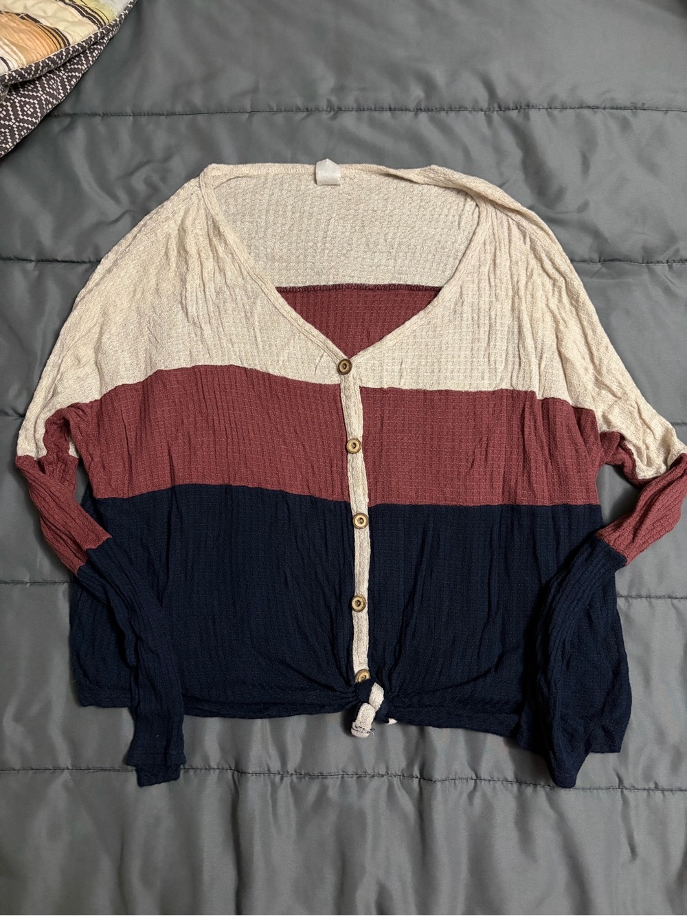 7th Ray Waffle Knit Colorblock Tie-Front Top Cream Mauve Navy - Size Small